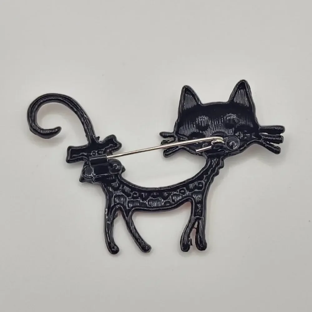 Cat Brooch Brown & Orange Enamel Rhinestone Faux Pearl Accents Cartoon Style